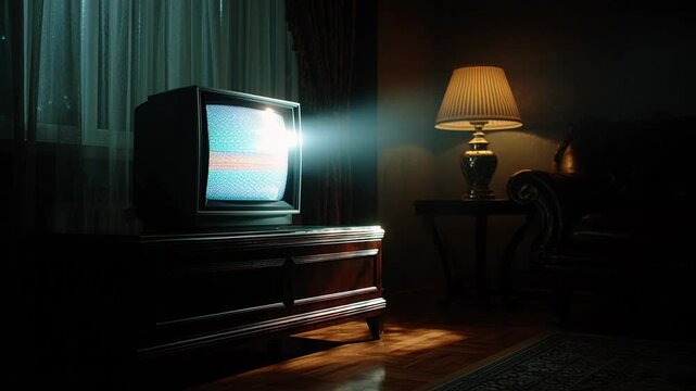 old television showing blue static glow, vintage set positioned on hardwood floor beside dim lamp, cold light reflecting on polished surface, heavy shadow