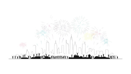 Cityscape Fireworks: a silhouette of a city skyline illuminates the night with bursts of colorful pyrotechnics, celebrating the vibrant energy and spirit of the urban landscape. 