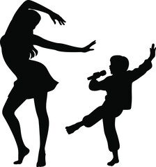 Silhouette of dancing woman and singing child performing together energetic music show playful movement illustration isolated on white