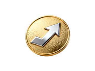 Financial Ascent: A gold coin with a silver arrow symbol, representing growth and upward trajectory in financial markets or business development.