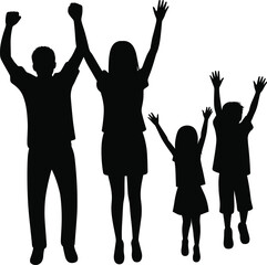 Silhouette of group raising hands together celebrating unity, teamwork, happiness, success, positive energy, joyful people in harmony