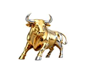 Golden Bull Sculpture: A majestic golden bull sculpture, symbolizing strength and prosperity, stands in a pose of power and financial prowess.