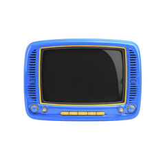 Retro blue television with yellow buttons, vintage style TV with rounded screen, nostalgic design, isolated on transparent background, cheerful and playful appearance
