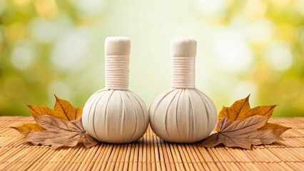 Two herbal compress balls resting on a bamboo mat with dried leaves