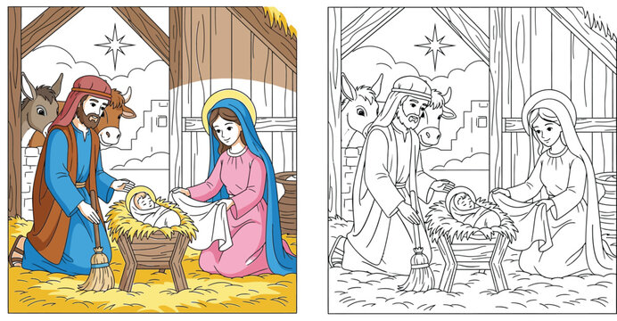 Christmas nativity scene coloring page vector illustration with Mary Joseph and Baby Jesus in a stable with animals, split screen showing colored version and outline for kids activity