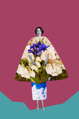 Poster 3d sketch pop art image collage of happy girl dance spring bouquet wildflower clothes bloom march celebration concept