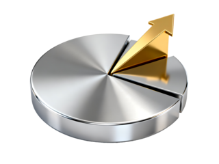 Rising Market Share: A metallic pie chart, its segments signifying market share, is punctuated by a golden arrow. This symbolizes growth, progress.