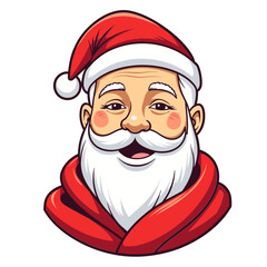 Smiling white Santa Claus in red hat and scarf in flat vector cartoon portrait for classic holiday identity and festive mood - cheerful Christmas symbol