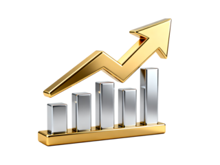 Ascending Growth: A striking golden arrow pierces the sky above a bar graph, embodying the upward trajectory of success, a symbol of progress, strategy, and triumph.