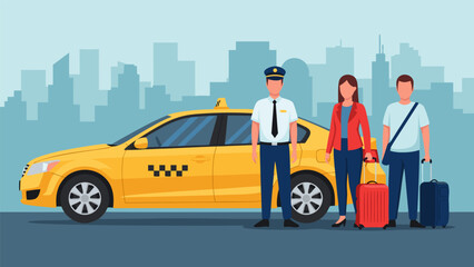 Professional taxi driver stands ready with a bright yellow cab to transport passengers with luggage against a city skyline backdrop