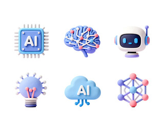 AI Icons: A collection of vibrant icons representing the core concepts of artificial intelligence, including brain, cloud and robot. Capturing the essence of innovation and technological advancements.