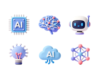 AI Icons: A collection of vibrant icons representing the core concepts of artificial intelligence, including brain, cloud and robot. Capturing the essence of innovation and technological advancements.