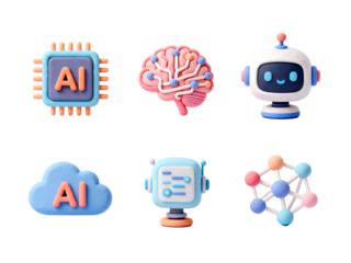AI Icons: Collection of artificial intelligence concept icons, featuring a variety of symbolic elements to showcase the essence of intelligent machines.