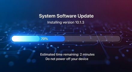 Digital system software update in progress with loading bar and circuit board background