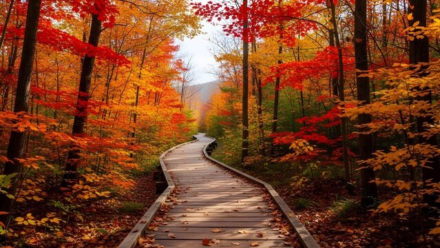 Wooden boardwalk through vibrant autumn forest path - Powered by Adobe