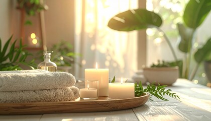 Warm and inviting spa setting with lit candles, soft towels, and lush green plants bathed in sunlight.