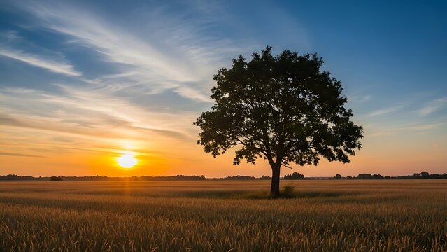 A Lone Trees Silhouette in a Golden Wheat Field Under a Dramatic Sunset Sky. - Powered by Adobe