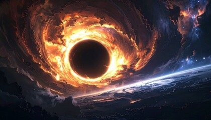 A colossal black hole with a swirling fiery orange accretion disk looms over a distant planet in a dark cosmic void.