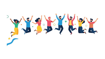 Jumping for joy: A vibrant illustration depicts a diverse group of individuals leaping exuberantly, arms raised high in a celebration of shared happiness and collective well-being.