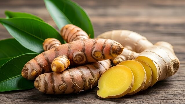 Freshly harvested turmeric roots and ginger rhizomes with green leaves on wooden surface