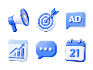 Business and Marketing Elements: Conceptual image showcasing essential tools for advertising and business strategies, includes a megaphone, a target with an arrow, an ad speech bubble, a chart.