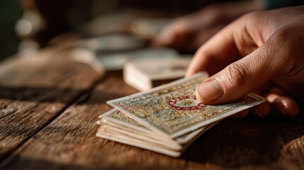Hand Holding Traditional Playing Cards on Wooden Table, Capturing a Moment of Anticipation in a Vintage Game Setting with Rustic