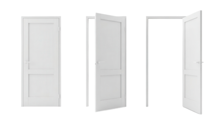 Three White Interior Panel Doors in different opening stages isolated on white