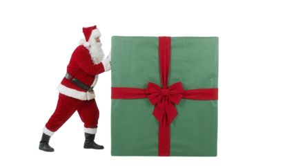 Santa Claus pushing a big green Christmas gift box with red ribbon