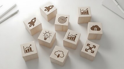 Wooden blocks with engraved startup icons like rockets growth targets and lightbulbs arranged on a clean white desk symbolizing business strategy development and innovation