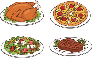 Cartoon food plate set with roasted chicken, pizza, salad, grilled steak, diverse meals, flat vector illustration