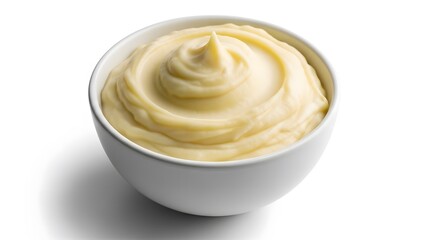 Creamy mashed potatoes in a white bowl smooth texture and swirl pattern isolated on white background