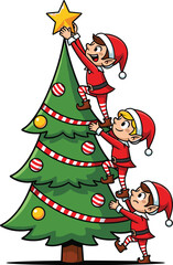 Cartoon Christmas elves decorating tree with star, teamwork holiday scene, festive outfits, joyful mood, flat vector illustration