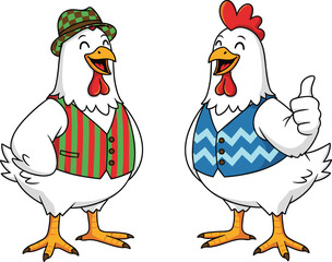 Cartoon chickens in colorful vests with expressive gestures, humorous farm characters, anthropomorphic design, flat vector illustration