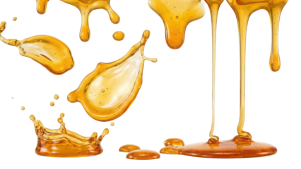 Set of Golden Liquid Splashes, Drips, and Puddles Isolated on White