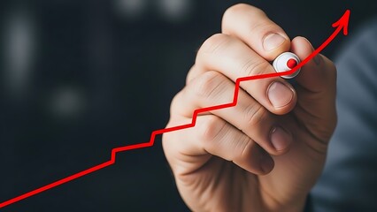 Businessman draws a rising red line graph with a marker symbolizing financial growth and positive market trends