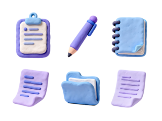 Office Essentials: A colorful, whimsical array of essential office supplies. From a notepad and folder to the pencil and clipboard, this image encapsulates the tools of productivity and organization.