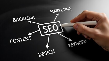 Hand drawing a search engine optimization concept map showing key elements like marketing content and backlinks on a board