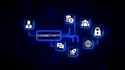 Connectivity network with connected icons for business finance and security Keywords: connectivity, network, connection, technology, business, finance, security, communication, global, people