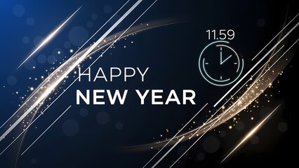 Happy New Year Typography with Clock at Midnight Vector Background"