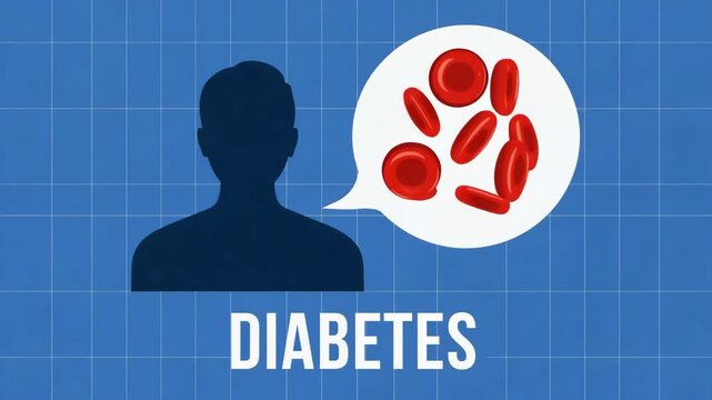Diabetes Medical Concept with Silhouette and Red Blood Cells in Speech Bubble on Blue Grid