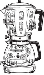 Surreal Coffee Culture: Detailed Illustration of Cafe and People Inside a Moka Pot