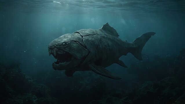 Dunkleosteus, a massive armored placoderm from the devonian period, swims in a dim prehistoric ocean environment, showcasing its powerful jaw and predatory nature