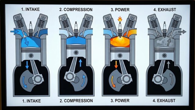 Four-stroke engine diagram illustrating the intake, compression, power, and exhaust stages of internal combustion, showing piston movement, valve operation, and crankshaft rotation