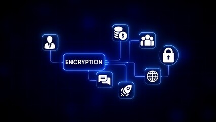 Digital Network Security Concept With Encryption Icon And Connected Icons On Dark Blue Background protection