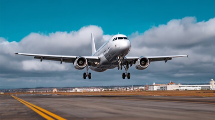 Fototapeta premium Airplane landing on runway with wheels down, showcasing aerodynamic design and powerful engines, against a backdrop of blue sky and fluffy clouds, capturing the essence of aviation