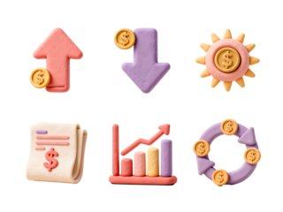 Financial Elements: A vibrant and creative clay-modeled composition featuring various financial symbols, including up and down arrows, sun, financial statement, growth chart, and a recycling symbol.