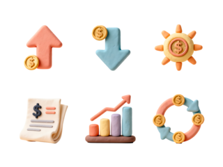 Financial Icons: A collection of meticulously crafted financial icons, representing a spectrum of financial concepts, designed with a whimsical and contemporary artistic flair.