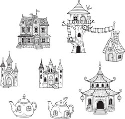 Naklejka premium Whimsical Architecture Set: Fantasy Houses and Castles Line Art