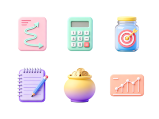 Financial Goals and Planning: Set of modern and minimalist 3D rendering images showing essential financial planning tools.