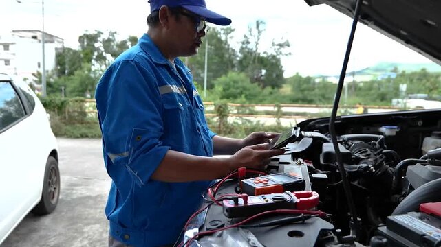 Service man to check car battery voltage, technician using multimeter, auto electrical check, vehicle maintenance service, close up diagnostic tool